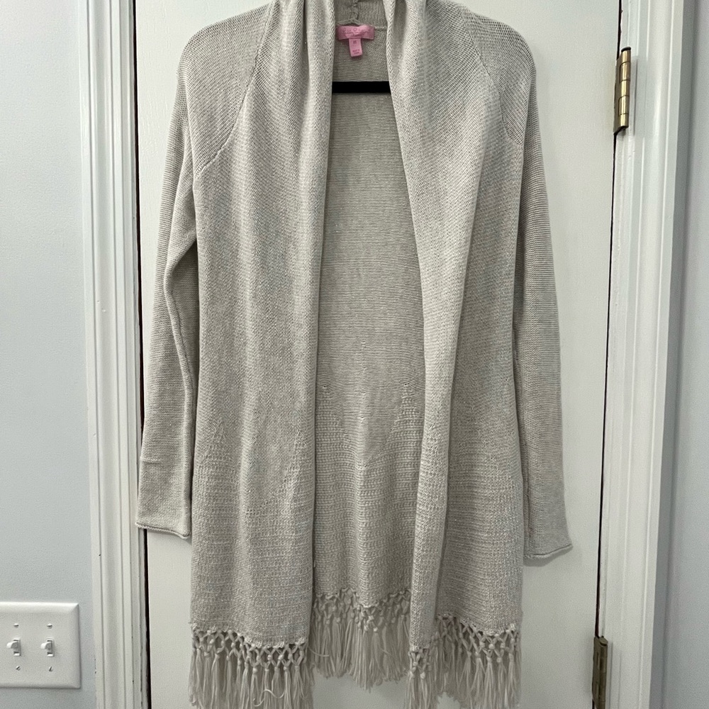 Lily Pulitzer Metallic Grey fringed cardigan. Size XS